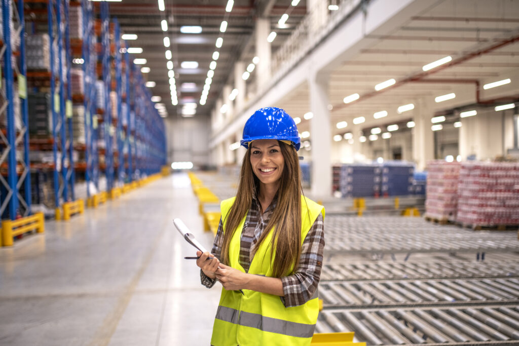 portrait beautiful brunette woman with hardhat reflective jacket holding checklist big warehouse storage area | The Backbone of Global Trade: Why a Career in Logistics and Shipping is Future-Proof